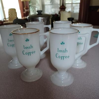 6 IRISH COFFEE MILK GLASS PEDESTAL GOLD RIM MUGS EstateSales