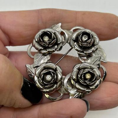 Vintage Floral Circle Flower Buds with Rhinestone Centers Pin Brooch