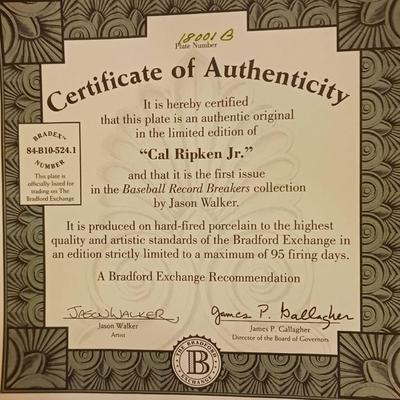 Cal Ripken Jr Signed Collector's plate with COA