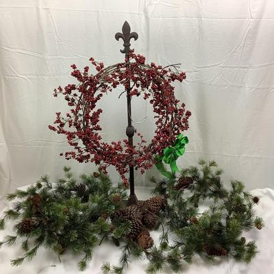 Lot 399 Holiday Berry Wreath & Pair of 9â€™ Garland & Pinecones
