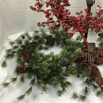 Lot 399 Holiday Berry Wreath & Pair of 9â€™ Garland & Pinecones