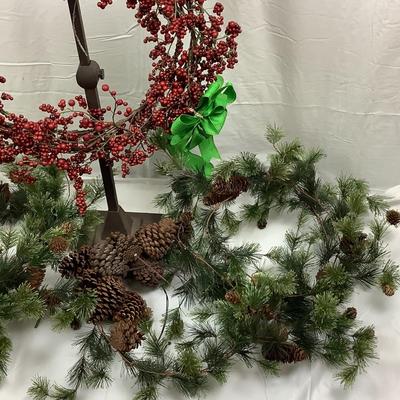 Lot 399 Holiday Berry Wreath & Pair of 9â€™ Garland & Pinecones