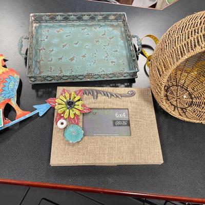 Metal rooster, picture frame, basket and tray