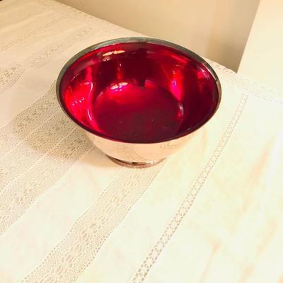Silverplated bowl with red glass insert