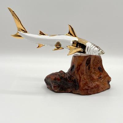 GLASS BARON ~ Glass Shark Figurine With Gold Accents On A Manzanita Root