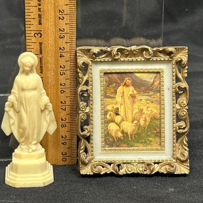 Pair of Miniature Small Religious Spiritual Figurines Frame Jesus with Flock of Sheep and Plastic Virgin Mary