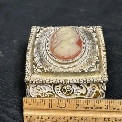 Vintage Cameo Top Hinged Lid Metal Trinket Jewelry Box