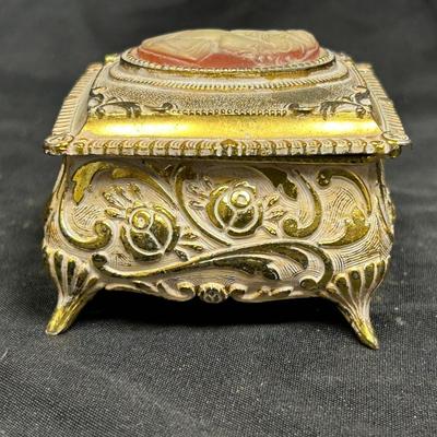 Vintage Cameo Top Hinged Lid Metal Trinket Jewelry Box