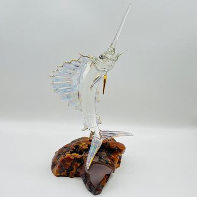 GLASS BARON ~ Sailfish/Marlin Figurine With Gold Accents On A Manzanita Root
