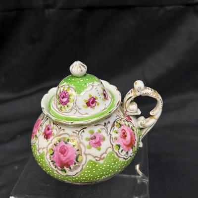 Vintage Pink Rose Floral Single Handle Lidded Sugar Bowl
