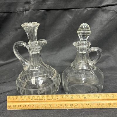 Pair of Vintage Glass Cruet Oil Vinegar Bottles with Stoppers