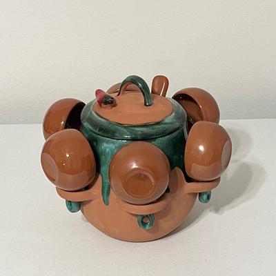Terra Cotta Green Glazed Tureen Serving Bowl W/ Ladle & Six (6) Cups