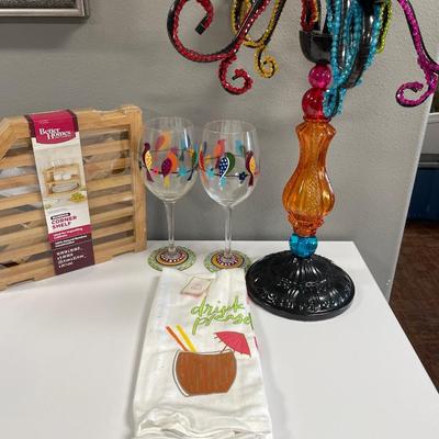 Candle holder, wine glasses, towels & shelf