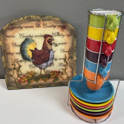 Espresso cups and rooster decor