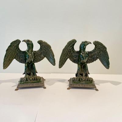 LR-1101 Pair of Italian Majolica Pottery Imperial Eagles