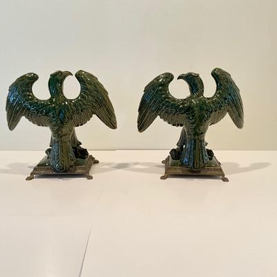 LR-1101 Pair of Italian Majolica Pottery Imperial Eagles