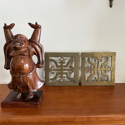 LR-1103 Vintage Rosewood Buddha and Brass Chinese Trivet