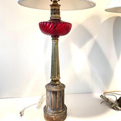 LR- 1116 Pair of Vintage Ruby Glass and Brass Column Lamps