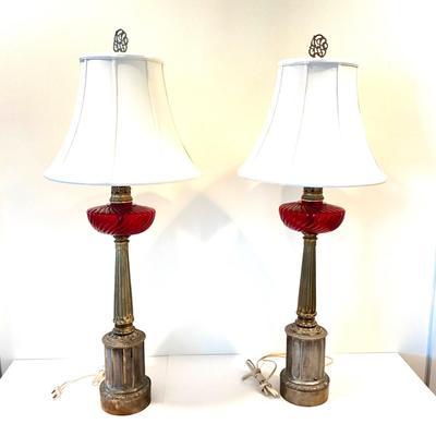 LR- 1116 Pair of Vintage Ruby Glass and Brass Column Lamps