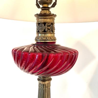 LR- 1116 Pair of Vintage Ruby Glass and Brass Column Lamps