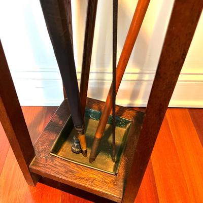 F-1125 Antique Oak Mission Style Umbrella Stand with Vintage Umbrellas and Walking Sticks