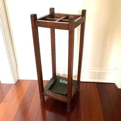 F-1125 Antique Oak Mission Style Umbrella Stand with Vintage Umbrellas and Walking Sticks