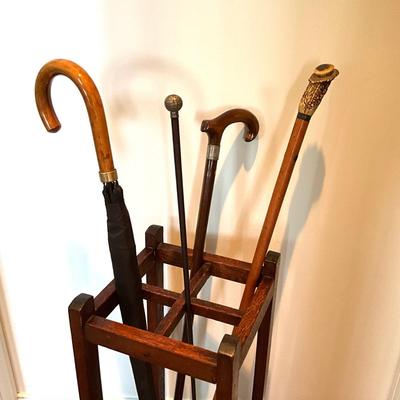 F-1125 Antique Oak Mission Style Umbrella Stand with Vintage Umbrellas and Walking Sticks