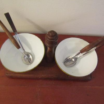 Mid Century Enameled Condiment Bowls with Wooden Caddie and Utensils
