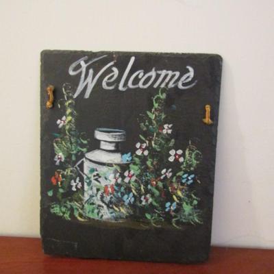 Hand Painted Slate 'Welcome' Sign with Cord for Hanging- Approx 10