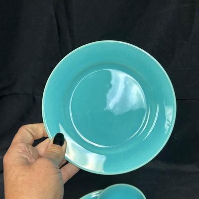 Vintage Robins Egg Turquoise Blue California Pottery Double Handle Bowl Bread Plate Luncheon Set