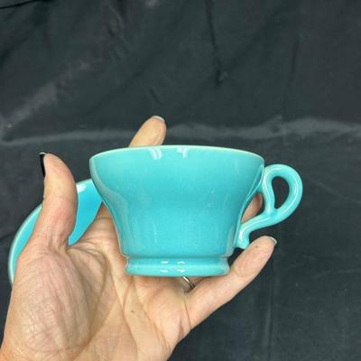 Vintage Robins Egg Turquoise Blue California Pottery Double Handle Bowl Bread Plate Luncheon Set