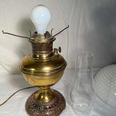 Brass & Copper Hurricane Lamp with Milk Glass Hobnail Shade (PS-RG)
