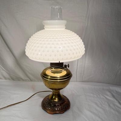 Brass & Copper Hurricane Lamp with Milk Glass Hobnail Shade (PS-RG)