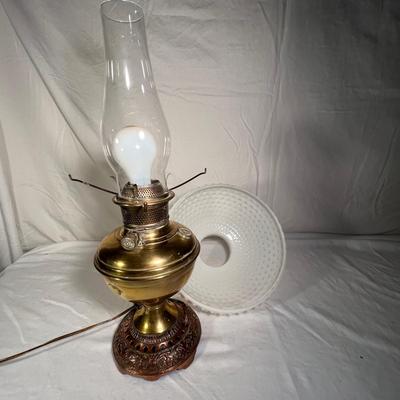 Brass & Copper Hurricane Lamp with Milk Glass Hobnail Shade (PS-RG)