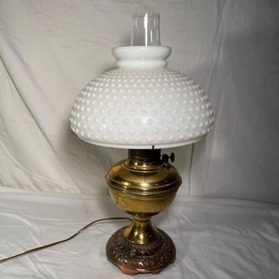 Brass & Copper Hurricane Lamp with Milk Glass Hobnail Shade (PS-RG)