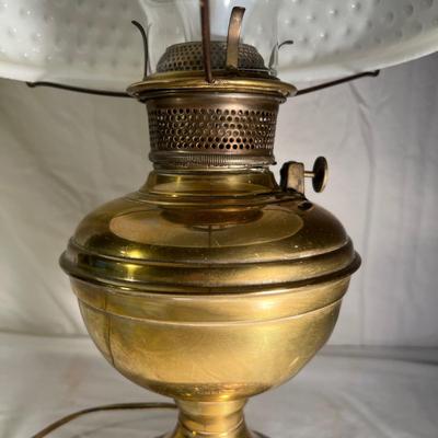Brass & Copper Hurricane Lamp with Milk Glass Hobnail Shade (PS-RG)