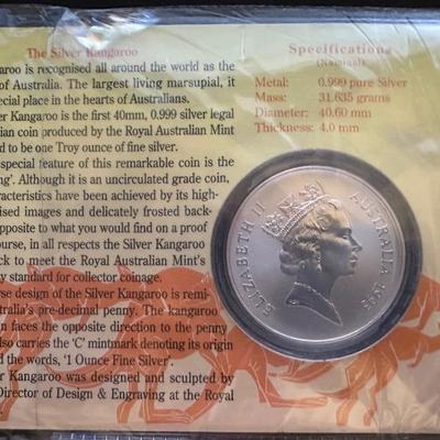 1993 ROYAL AUSTRALIAN MINT SILVER KANGAROO - ONE TROY OUNCE - ONE DOLLAR - 0.999 SILVER