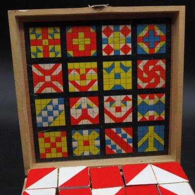 Vintage Kids Puzzle Block Matching Game Made in Korea in Wooden Travel Case