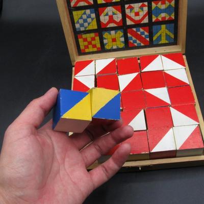 Vintage Kids Puzzle Block Matching Game Made in Korea in Wooden Travel Case