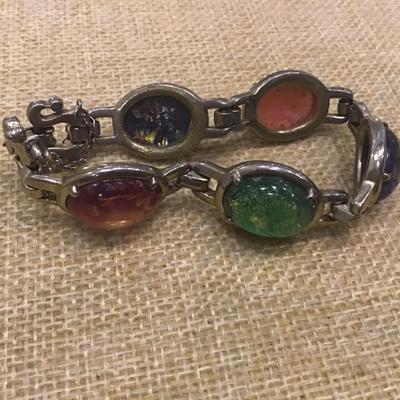 Vintage Bracelet Sherman Art Glass Rare Stunning Glass Stones  Signed