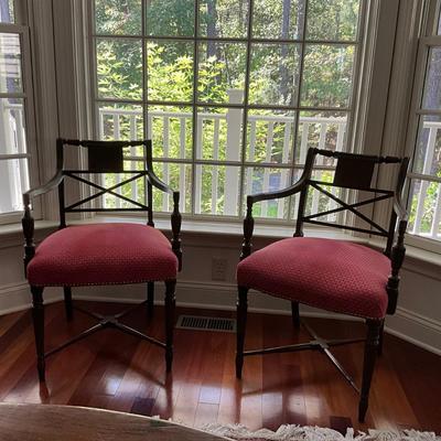 DR-1126 Pair of Early 19th C Antique English Regency Carved Arm Chairs