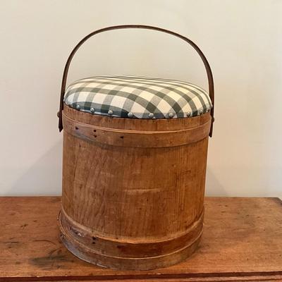 LR-1139 Large Antique Pine Upholstered Top Firkin Bucket