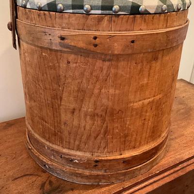 LR-1139 Large Antique Pine Upholstered Top Firkin Bucket