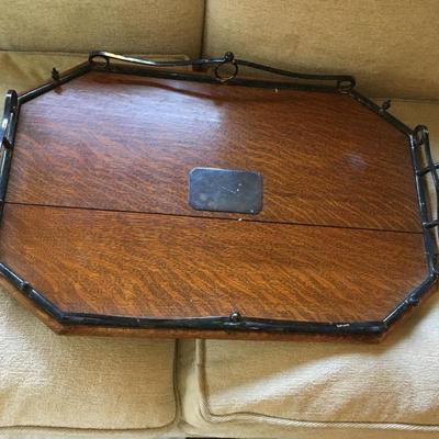 Wood tray with metal handles