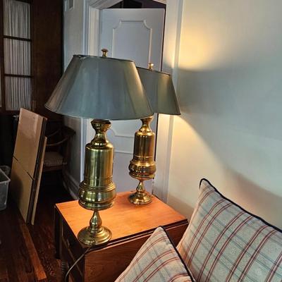 Pair of Vintage MCM burnished brass table lamps with brass shades