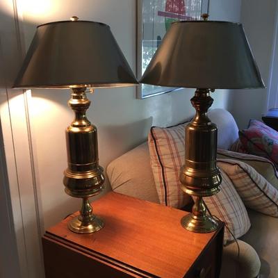 Pair of Vintage MCM burnished brass table lamps with brass shades