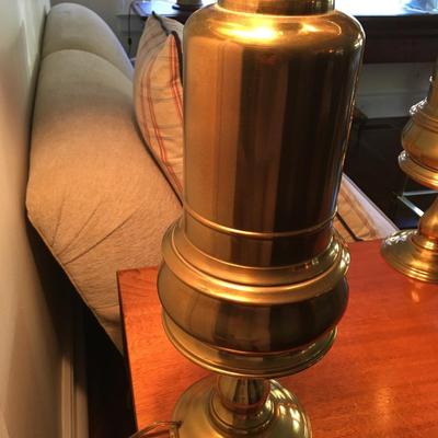 Pair of Vintage MCM burnished brass table lamps with brass shades