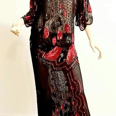 Vtg Superb 1970 fully hand Beaded and Sequined skirt Silk Ensemble