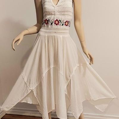 1970's Embroidered Crepe cotton Halter Dress Asymmetrical Hem/Crochet Bodice