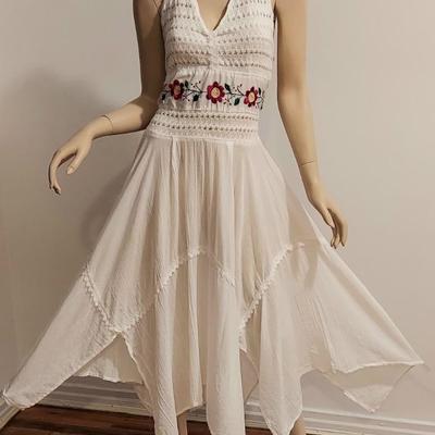 1970's Embroidered Crepe cotton Halter Dress Asymmetrical Hem/Crochet Bodice